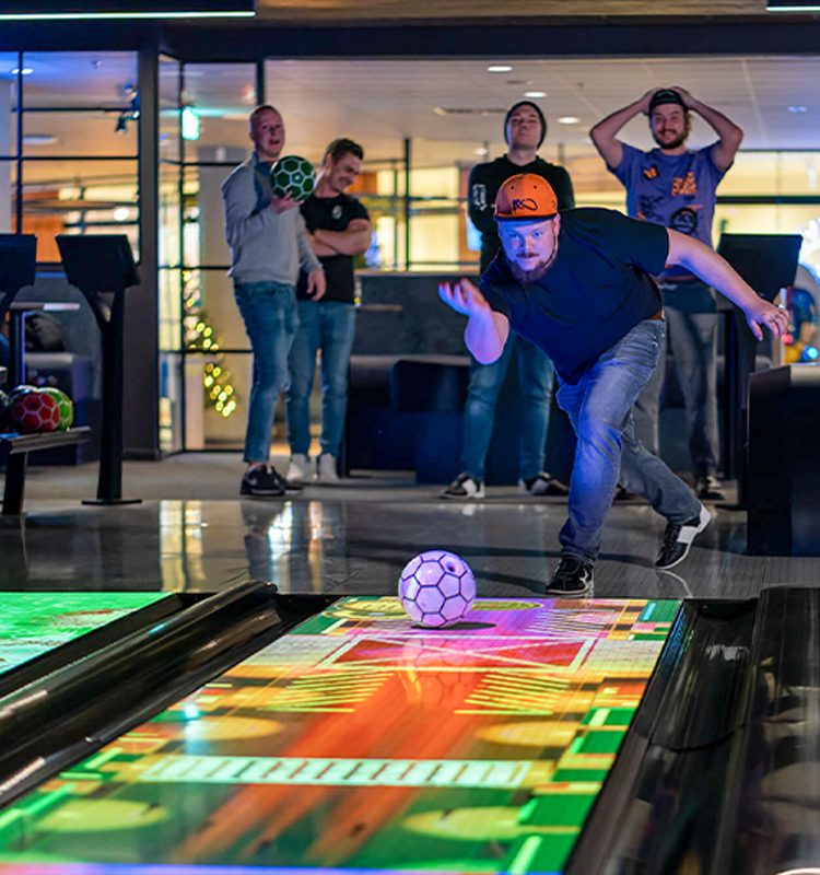 Next-Gen Bowling Lanes Installed In Entertainment Venue USBC-Certified Bowling System Close-up Discovery Bowl Lane With Immersive and Interactive Game Modes