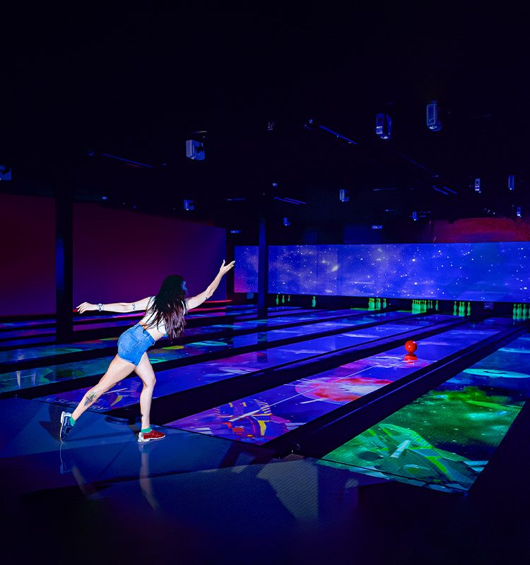 Next-Gen Bowling Lanes Installed In Entertainment Venue USBC-Certified Bowling System Close-up Discovery Bowl Lane With Immersive and Interactive Game Modes