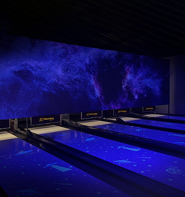 Next-Gen Bowling Lanes Installed In Entertainment Venue USBC-Certified Bowling System Close-up Discovery Bowl Lane With Immersive and Interactive Game Modes