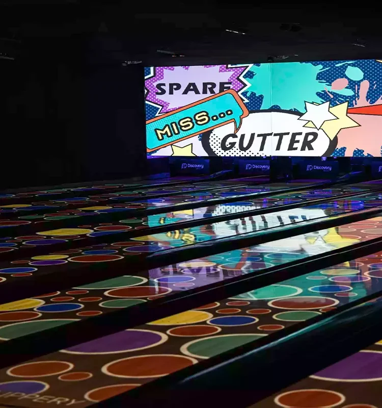 Next-Gen Bowling Lanes Installed In Entertainment Venue USBC-Certified Bowling System Close-up Discovery Bowl Lane With Immersive and Interactive Game Modes