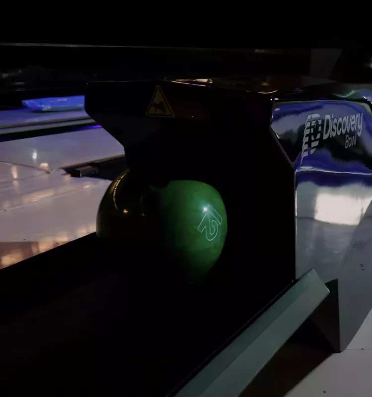 Next-Gen Bowling Lanes Installed In Entertainment Venue USBC-Certified Bowling System Close-up Discovery Bowl Lane With Immersive and Interactive Game Modes